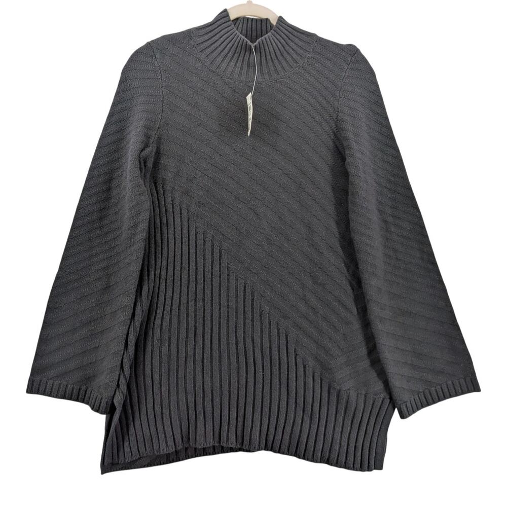 Charter Club Mixed-Stitch Mock Neck Sweater Deep Black XS Ribbed Workwear Career